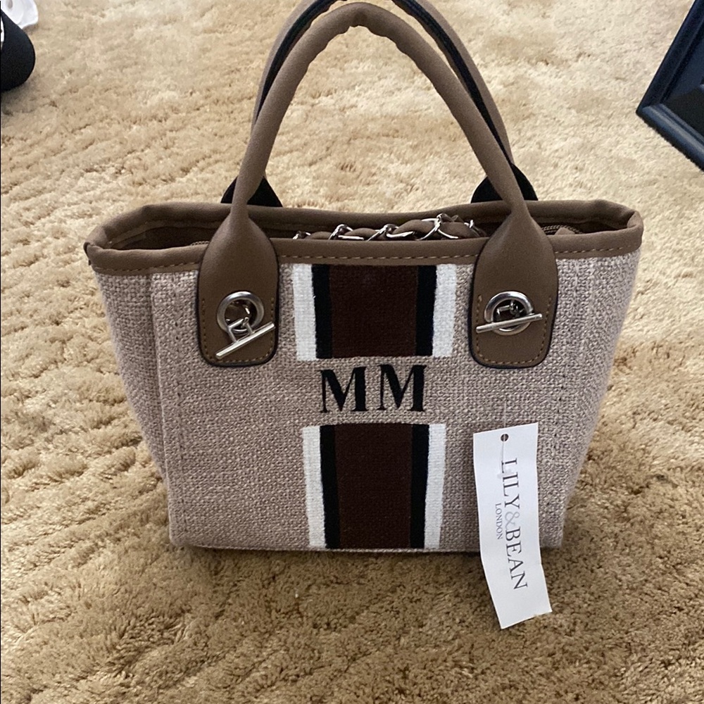 Tan and Brown monogrammed Structured purse with Leather and chain Handles